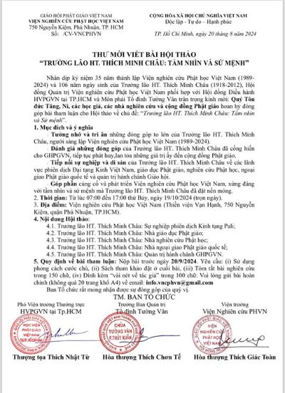 Thư mời viết bài Hội thảo “Trưởng lão HT. Thích Minh Châu: Tầm nhìn và Sứ mệnh”