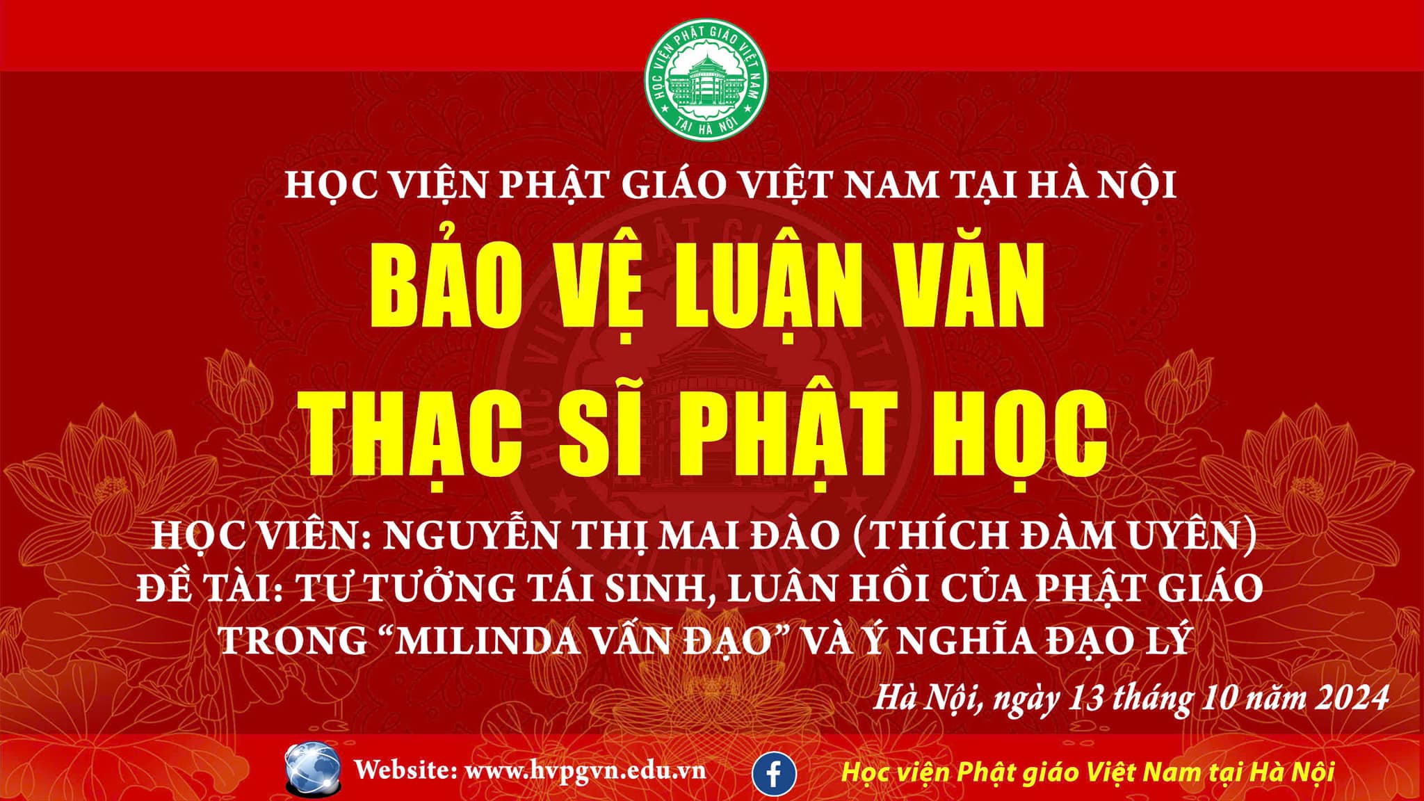 Học viện PGVN tại Hà Nội: Học viên Nguyễn Thị Mai Đào (Thích Đàm Uyên) bảo vệ thành công luận văn “Tư tưởng tái sinh, luân hồi  của Phật giáo trong Milinda vấn đạo và ý nghĩa đạo lý”