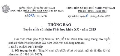 Học viện PGVN tại TP.HCM: Tuyển sinh cử nhân Phật học khóa XX (năm 2025)
