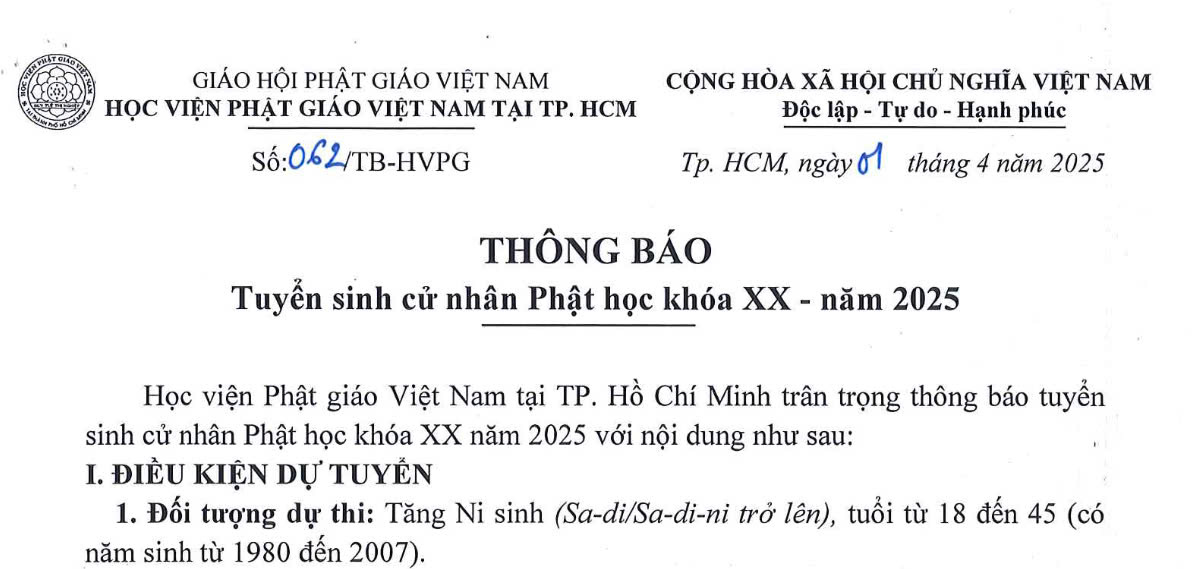 Học viện PGVN tại TP.HCM: Tuyển sinh cử nhân Phật học khóa XX (năm 2025)