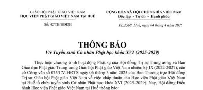 Học viện PGVN tại Huế: Thông báo tuyển sinh Cử nhân Phật học khóa XVI (2025-2029)