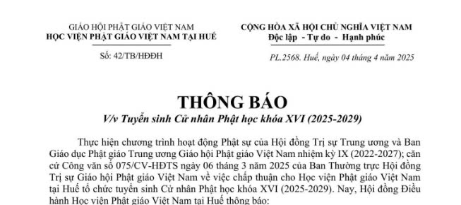 Học viện PGVN tại Huế: Thông báo tuyển sinh Cử nhân Phật học khóa XVI (2025-2029)