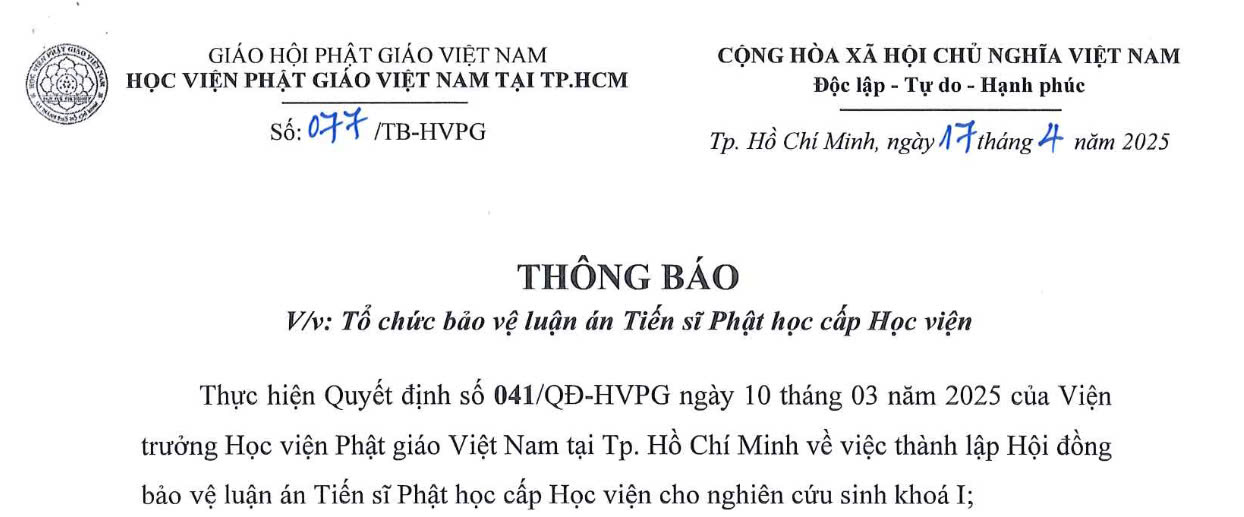 Học viện PGVN tại TP HCM: Thông báo tổ chức bảo vệ luận án Tiến sĩ Phật học cấp Học viên